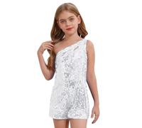 CHICTRY Enfant Fille Combinaison Paillettes de Glitter Party Asymétrique Une Épaule Combishort de Danse Moderne Jazz Soirée 6-14 Ans Argenté 13-14 ans
