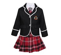 CHICTRY Enfant Fille Costume Écolière Anglaise Ensemble 4 Pièces Manteau + Chemise + Jupe Plissé + Cravate Sexy Uniform Schoolgirl Etudiante Scolaire Cosplay 4-14 Ans Noir 8-10 Ans