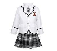 CHICTRY Enfant Fille Costume Écolière Anglaise Ensemble 4 Pièces Manteau + Chemise + Jupe Plissé + Cravate Sexy Uniform Schoolgirl Etudiante Scolaire Cosplay 4-14 Ans Blanc 8-10 Ans