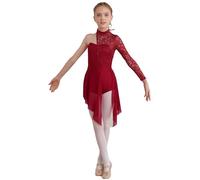 CHICTRY Enfant Fille Robe Danse Classique Ballet Dentelle Asymétrique Une Manche Robe Danse de Salon Rumba Samba Salsa Latine Jazz sans Manche 6-16 Ans B Rouge 10 Ans