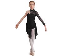 CHICTRY Enfant Fille Robe Danse Classique Ballet Dentelle Asymétrique Une Manche Robe Danse de Salon Rumba Samba Salsa Latine Jazz sans Manche 6-16 Ans B Noir 12 Ans