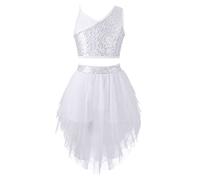 CHICTRY Enfant Fille Robe de Danse Ballet Latine Haut de Danse de Rue Jazz Paillettes Crop Top sans Manches et Jupe Asymétrique Tulle Costume Performance Dancewear 6-16 Ans Blanc 12 Ans