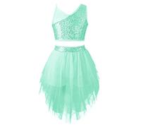 CHICTRY Enfant Fille Robe de Danse Ballet Latine Haut de Danse de Rue Jazz Paillettes Crop Top sans Manches et Jupe Asymétrique Tulle Costume Performance Dancewear 6-16 Ans Menthe Verte 10 Ans