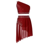 CHICTRY Enfant Fille Robe de Danse Ballet Latine Jazz Haut Asymétrique Une Manche Crop Top et Jupe Tulle Strass Costume Danse Ballerine Performance Dancewear 6-16 Ans A Rouge 10 Ans