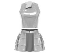 CHICTRY Femme Body Ajusté Danse Gogo Ensemble Crop Top Fermeture Éclair Et Jupe Similicuir Wetlook Métallique Brillant Rave Outfit Rave Argent L