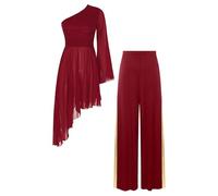 CHICTRY Femme Ensemble Danse Liturgique Louange Prière Élégant Robe Une Épaule avec Pantalon Costume Church Culte Choir Gown S-XXL Bourgogne XL