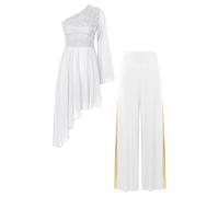 CHICTRY Femme Ensemble Danse Liturgique Louange Prière Élégant Robe Une Épaule avec Pantalon Costume Church Culte Choir Gown S-XXL Blanc XXL