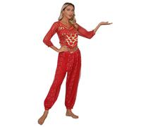 CHICTRY Femme Ensemble Danse Orientale 2PCS Haut Top Danse du Ventre & Pantalon Bellet Dance Déguisement Princesse Indien Arabe Costumes de Scène Belly 2PCS Rouge Taille Unique
