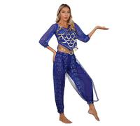 CHICTRY Femme Ensemble Danse Orientale 2PCS Haut Top Danse du Ventre & Pantalon Bellet Dance Déguisement Princesse Indien Arabe Costumes de Scène Belly 2PCS Bleu Royal Taille Unique