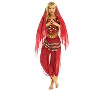 CHICTRY Femme Ensemble de Danse Haut Top de Danse du Ventre Foulard de Danse Orientale Déguisement Costume Halloween Belly Indienne Performance Dancewear Rouge Taille Unique