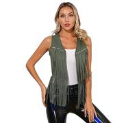 CHICTRY Femme Gilet Hippie à Franges Veste Ouvert Danse Hippie Gilet Cowboy Boléro en Daim sans Manches Halloween Carnaval Fête Rave Cosplay S-XXL A Verte Armée S