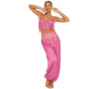 CHICTRY Femme Rave Outfits Belly Danse Brassière Jupe De Danse Tenue Du Ventre Orientale Belly Dance Ensemble Uniforme Grecque Toge Club Rose Vif XXL
