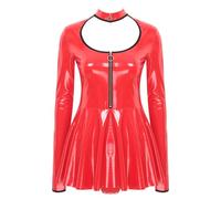 CHICTRY Femme Robe Moulante en Cuir Mini Robe Courte Stretch Club Bal Party Wetlook Robe avec Porte Jarretelle Manches Longues Robe de Soirée Fête Clubwear S-5XL D Rouge XL