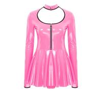 CHICTRY Femme Robe Moulante en Cuir Mini Robe Courte Stretch Club Bal Party Wetlook Robe avec Porte Jarretelle Manches Longues Robe de Soirée Fête Clubwear S-5XL D Rose XXL