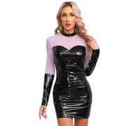 CHICTRY Femme Robe Moulante en Cuir Mini Stretch Club Bal Party Courte Wetlook Manches Longues Bodycon Évidé Élégant de Soirée Fête Clubwear S-4XL E Noir S