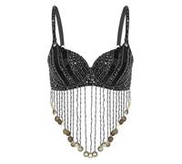 CHICTRY Femme Soutien-Gorge Rembourré Danse Ventre Orientale Performance Top Bra Push Up Sequins Glands Danse Belly Soirée Bal Rave Noir Taille Unique