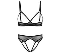 CHICTRY Femme Soutien-Gorge Sexy Ouvert Seins Nu Push Up sans Bonnet et G-String T-Back Brassière à Armature Lingerie de Nuit Dentelle Floral Transparent Babydoll S-XXL Noir B 3XL