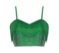 CHICTRY Femmes Danse du Ventre Crop Top Frange Strass Camisole Tops Festival de Musique Concert Rave Tenues S-XXL Vert XL