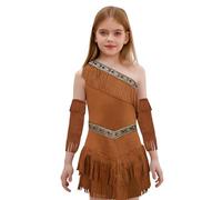 CHICTRY Filles Costume amérindien une épaule frange sans manches robe courte en daim avec manches pompon Cosplay fantaisie Marron 15-16 ans