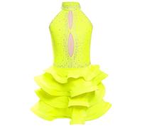 CHICTRY Filles Robe De Danse Latine Enfants Robes De Danse Salon Strass Paillettes Salsa Cha Cha Samba Tango Scène Vêtements Jaune Fluo 15-16 Ans