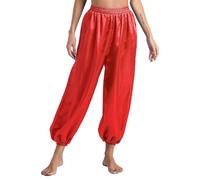 CHICTRY Harem Pantalon Sarouel Ethnique Indien Femme Pantalon Danse du Ventre Satin Taille Élastique Pantalon Belly Danse Performance Spectacle Rouge S