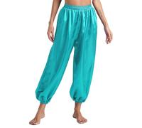 CHICTRY Harem Pantalon Sarouel Ethnique Indien Femme Pantalon Danse du Ventre Satin Taille Élastique Pantalon Belly Danse Performance Spectacle Cyan S