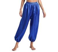 CHICTRY Harem Pantalon Sarouel Ethnique Indien Femme Pantalon Danse du Ventre Satin Taille Élastique Pantalon Belly Danse Performance Spectacle Bleu Royal M