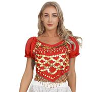 CHICTRY Haut Soutien-Gorge Danse du Ventre Ethnique Femme Tank Top Débardeur Danse Orientale à Paillettes Brassière Belly Danse Latine Soirée à Manches Bouffantes Cosplay A Rouge Taille Unique