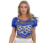 CHICTRY Haut Soutien-Gorge Danse du Ventre Ethnique Femme Tank Top Débardeur Danse Orientale à Paillettes Brassière Belly Danse Latine Soirée à Manches Bouffantes Cosplay A Bleu Royal Taille Unique
