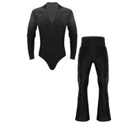 CHICTRY Homme Body Justaucorps de Danse Latine Vêtements Salsa Chacha Danse Moderne Ballroom Pantalon à Franges Noir XXL