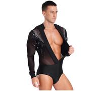 CHICTRY Homme Justaucorps Danse Latine Body Léotard Danse Moderne Jazz Samba Tango Rumba Bodysuit Tops en Maille Dancewear M-XXL Noir S
