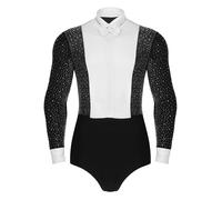 CHICTRY Homme Justaucorps Danse Latine Jazz Tango Rumba Strass Brillant Leotard Dance Ballroom Soirée Bal Fête Body Chemise Manche Longue M-XXL Noir XXL