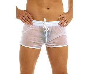 CHICTRY Homme Short de Bain Natation Piscine Caleçons Short de Nuit Pyjama Taille Elastique Lingerie de Nuit Coquine Hot String Slip de Bain Transparent Thong Underwear Blanc XL