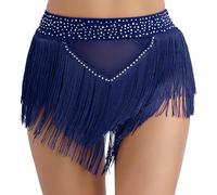 CHICTRY Jupe de Danse Latin Salsa Chacha à Franges pour Femme Mini Jupe Court de Danse du Ventre à Galnd Strass Culottes Soirée Bal S-XXL A Bleu Marine L