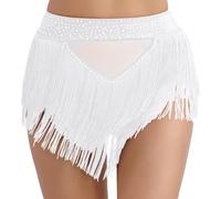 CHICTRY Jupe de Danse Latin Salsa Chacha à Franges pour Femme Mini Jupe Court de Danse du Ventre à Galnd Strass Culottes Jupe de Soirée Bal S-XXL A Blanc M