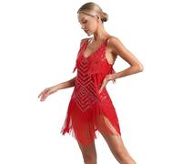 CHICTRY Robe Danse Latine Femme Robe à Paillettes Charleston Soirée Robe à Frange Bretelles Robe de Années 20 sans Manche Rouge L