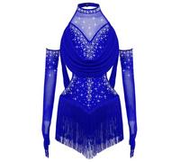 CHICTRY Robe Danse Latine Fille Strass Robe Danse Moderne Jazz Cha Cha Tango Justaucorps à Franges et Gants Tenue Patinage Bleu 11-12 Ans