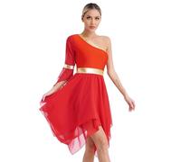CHICTRY Robe Danse Liturgique Prière Femme Asymétrique Une Épaule Manche Robe Soirée Mariage Gala Tulle Robe Danse Ballet Valse Latine Tango S-XXL A Rouge S