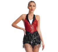 CHICTRY Robe Danse Salsa Chacha Latin Jazz à Franges Paillette Femme - Moderne Contemporaine, Tango Dos Nu sans Manche A Rouge M