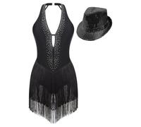 CHICTRY Robe Danse Salsa Jazz à Franges Femme Robe Sexy Dos Nu avec Sequins Chapeau Robe Danse Latine Samba Chacha S-XXL A Noir M
