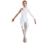 CHICTRY Robe de Danse Classique Ballet pour Enfant Fille - Dentelle Asymétrique Une Manche - Compétition Rumba Samba Salsa Latine Jazz Sans Manche - 6-16 Ans B Blanc 16 Ans