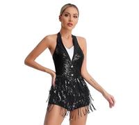 CHICTRY Robe de Danse Salsa Chacha Latin Jazz à Frange Paillette Femme Moderne Contemporaine Tango Dos Nu Sans Manche Noir M