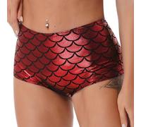 CHICTRY Sirène Femme Short de Danse Moderne Jazz Imprimé Ecailles de Poisson Culotte de Bain Nuit Taille Haute Brillante Short de Danse Pole Dance Sexy Slip de Bain Nuit Rouge Taille Unique