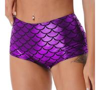 CHICTRY Sirène Femme Short de Danse Moderne Jazz Imprimé Ecailles de Poisson Culotte de Bain Nuit Taille Haute Brillante Short de Danse Pole Dance Sexy Slip de Bain Nuit Violet Taille Unique