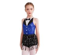 CHICTRY Smoking Robe Danse Moderne Jazz Enfant Fille Justaucorps Danse Latine Salsa Chacha à Paillettes Franges Bodysuit Ballet Classique 6-16 Ans A Bleu 9-10 ans