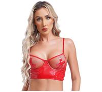 CHICTRY Soutien-Gorge Cuir Sexy Résille Femme Bra Push Up Wetlook Brassière sous-Vêtement de Nuit Bralette Nuisette Lingerie Ouvert S-5XL Rouge L