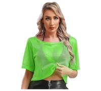 CHICTRY T-Shirt Résille Ajourée Evider Sexy Transparant Femme Tee Shirts Haut Top à Manches Courtes Cache-Maillot Cover Up Bikini Décontracté Pulls M-XL A Vert Fluo M