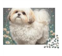 Chien à Poils Longs Blanc Puzzle 1000 Pièces Papier pour Adultes Fond Fleuri Jeu de Puzzle 1000 Pièces Décoratif Détente 70x50cm/1000pcs
