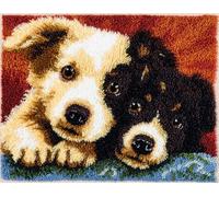 Chien animal Kit de Tapis de Crochet à Point,Deux chiots blottis l'un contre l'autre,Noué di Coussin au Crochets à Loquet Bricolage,tapis noeud,artisanat créatif décoration d'intérieur,55x75cm