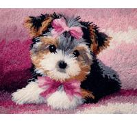 Chien animal Latch Hook Rug Kit,Bichon frisé portant un nœud papillon,Printed Canvas Rug Latch Hook Kits,DIY Home Decor,Handmade Needlework Crafts for Adults Beginners,60x90cm